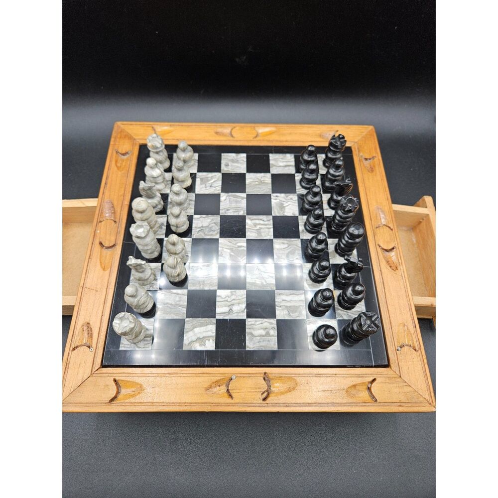 Hand Carved Wooden Marble Chess Board Set w/2 Drawers White Black Onyx Pieces